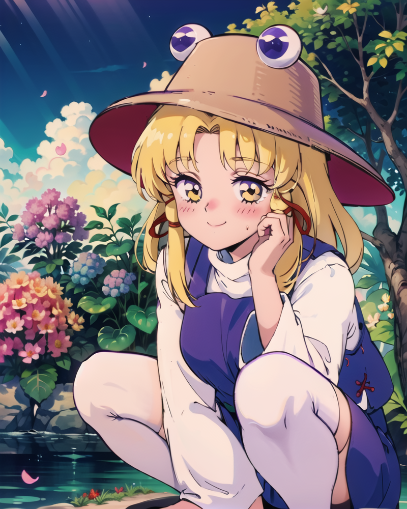 00483-2227287287-,1girl, moriya suwako, hydrangea, blonde hair, flower, thighhighs, solo, yellow eyes, ribbon, hat, hair ribbon, purple skirt, to.png